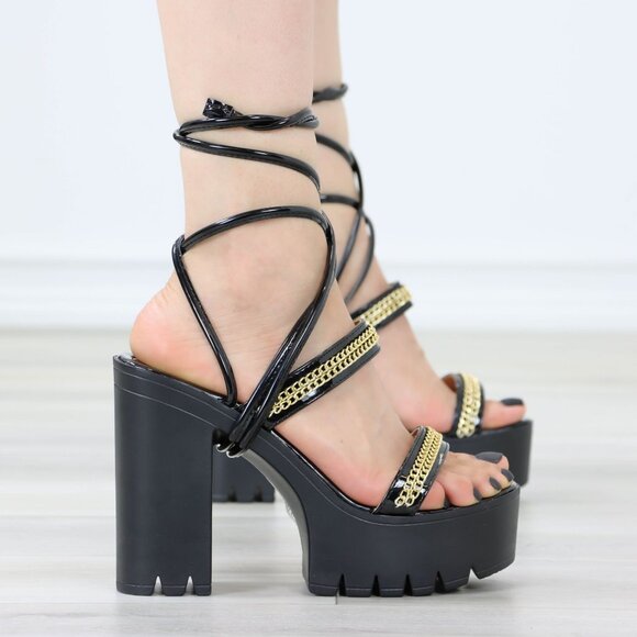Black Open Toe Block Chunky High Heel Sandals Gold Chain Ankle Strap Ties Laces - Picture 4 of 14